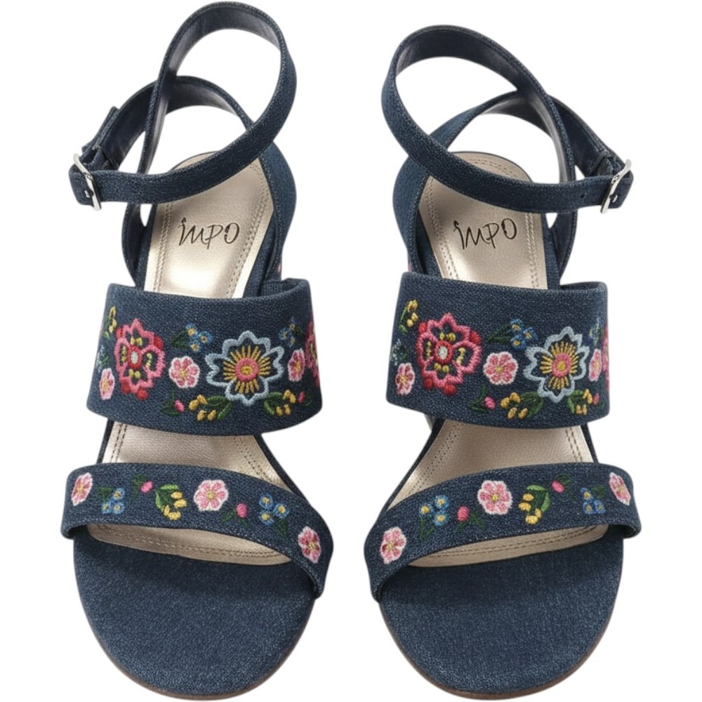 Impo Varick Denim Floral Embroidered Block Heel Sandals Blue Womens 7.5 M
